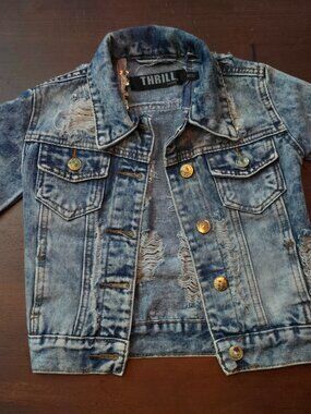 Girls Size 5 (Medium) Thrill Jeans Distressed Sequined Denim Jacket Acid Washed